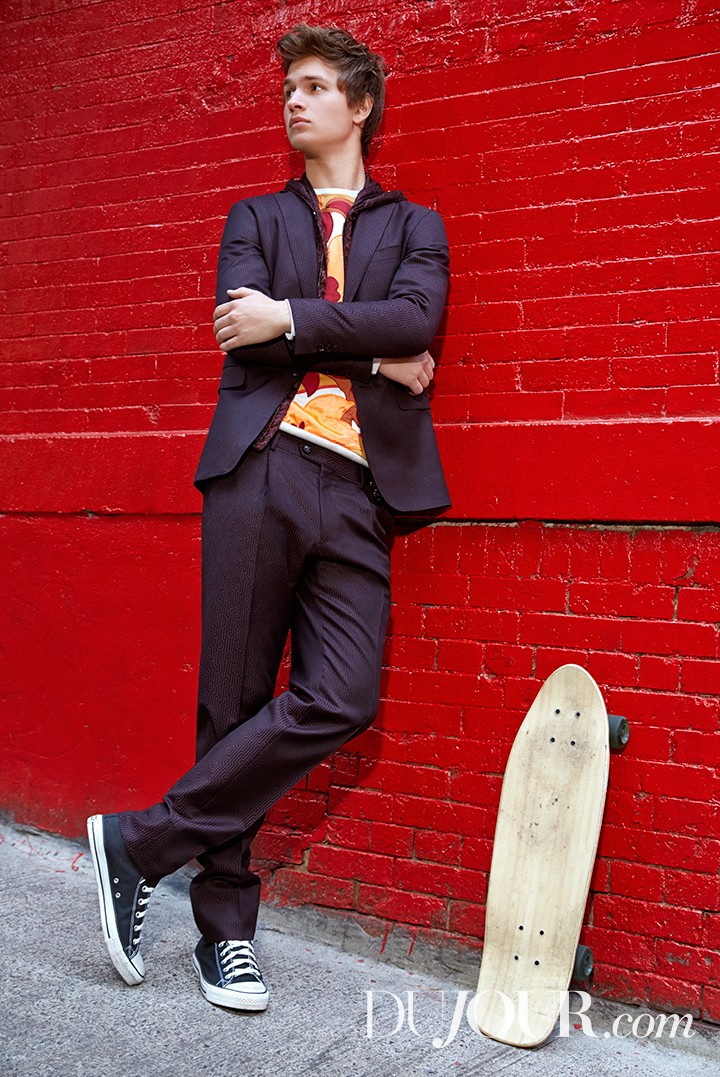 Ansel Elgort wears suit and jacket Pal Zileri, sweatshirt Scotch & Soda and sneakers Converse. » Ansel Elgort Skateboards in Style for DuJour Shoot Ansel Elgort wears suit and jacket Pal Zileri, sweatshirt Scotch & Soda and sneakers Converse.