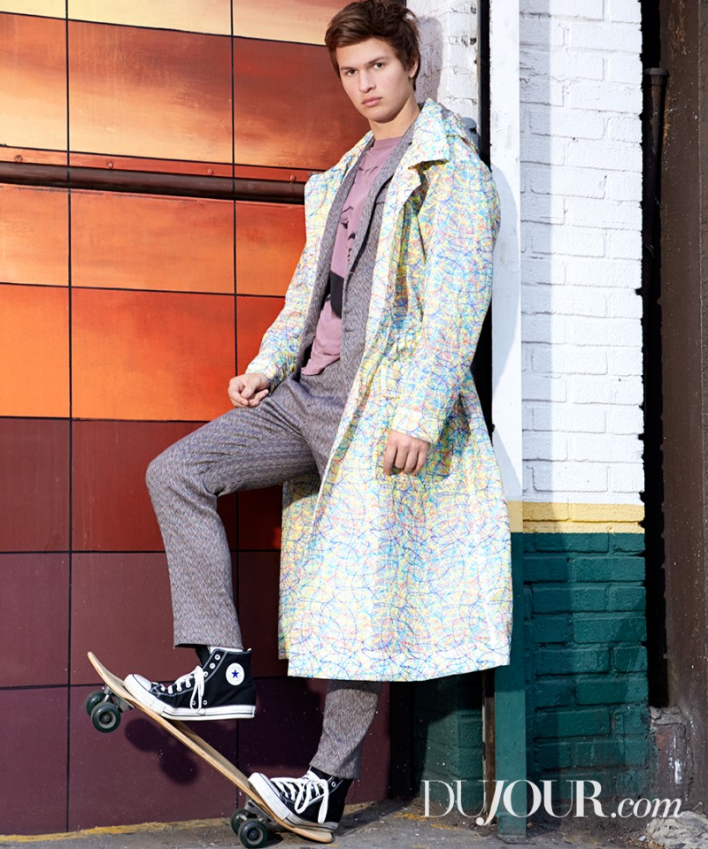 Ansel Elgort is a bold vision in a photo shoot for DuJour. Elgort wears coat Issey Miyake, jacket and pants Missoni, shirt Dries Van Noten and sneakers Converse.