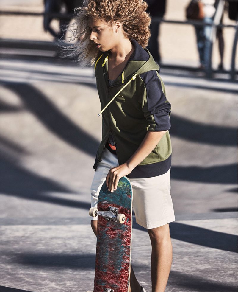 Olan Prenatt skateboards for Armani Exchange's summer 2016 lookbook.