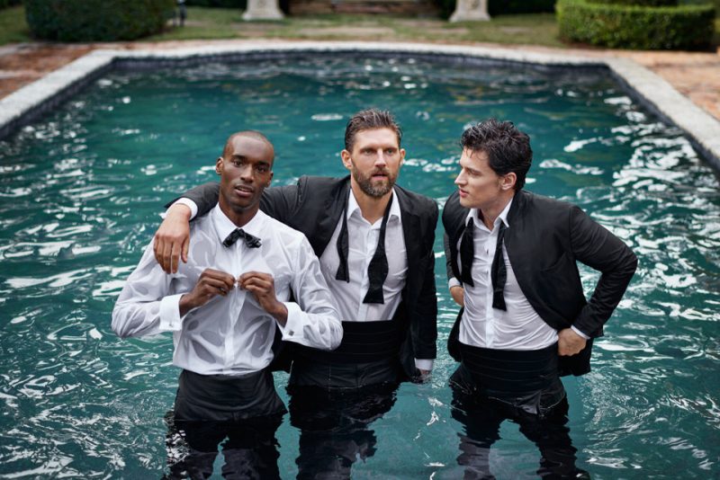 Wearing summer wedding tuxedos, models Corey Baptiste, RJ Rogenski and Garrett Neff star in a playful outing for BOSS Hugo Boss.