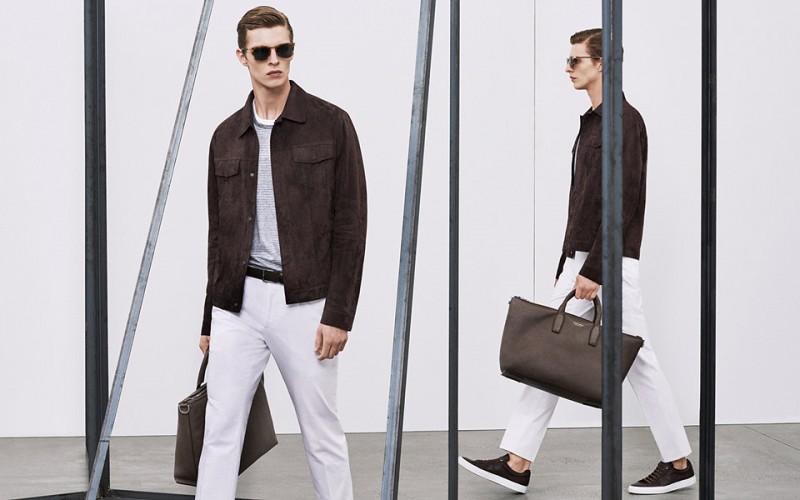 Tim Schumacher is a chic vision in a suede shirt jacket from BOSS by Hugo Boss.