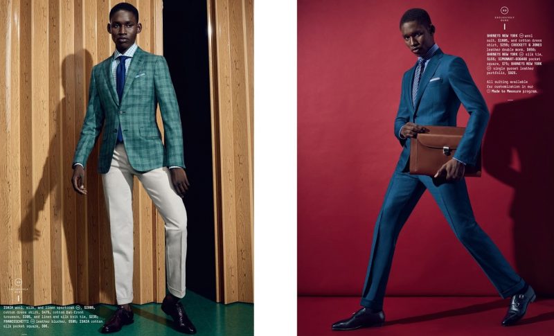 Left to Right: All clothes and pocket square ISAIA and leather blucher shoes Franceschetti. Barneys New York suit, shirt, tie and leather portfolio, Crockett & Jones leather double monk shoes and Simonnot-Godard pocket square.