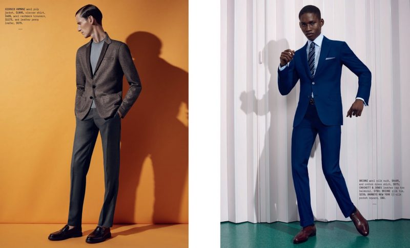 Left to Right: All clothes and shoes Giorgio Armani. Brioni suit, shirt and silk tie, Crockett & Jones leather cap toe shoes and Barneys New York silk pocket square.