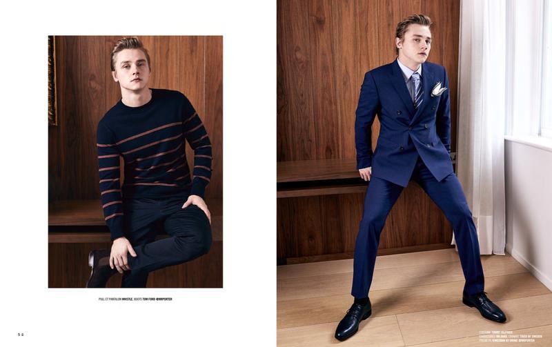 Left: Ben Hardy sports a casual look from Whistles. Pictured right, Hardy embraces blue suiting in a sartorial number from Tommy Hilfiger.