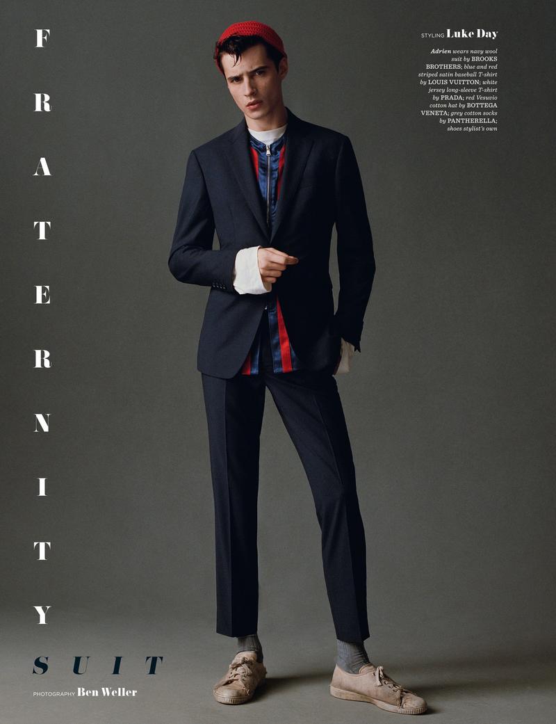 Adrien Sahores wears a navy suit from Brooks Brothers for an editorial featured in the spring-summer 2016 issue of British GQ Style.