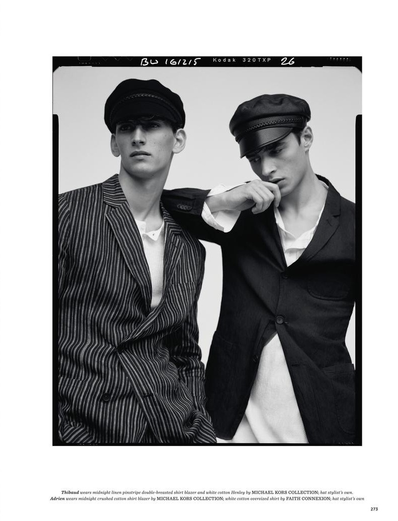 Thibaud Charon and Adrien Sahores accessorize their suits with leather driver caps.