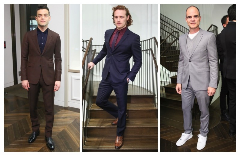 Rami Malek, Sam Heughan and Michael Kelly in Burberry suits at a launch party for Mr. Burberry.