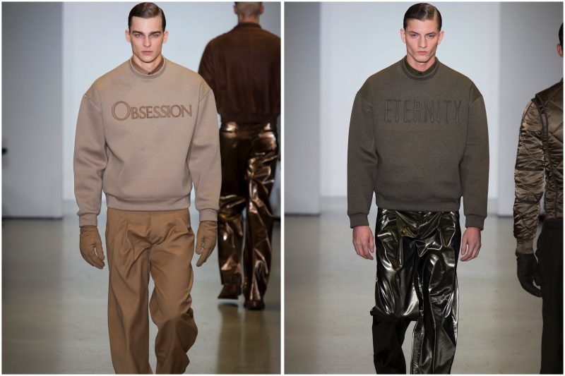 Paying tribute to Calvin Klein's iconic fragrances, Italo Zucchelli made quite the cheeky but eventual trending style statement with his Calvin Klein Collection fall-winter 2014 logo sweatshirts.