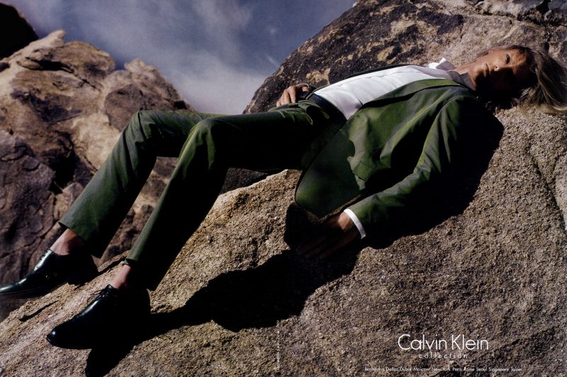 Model Karl Lindman tackles green suiting for Calvin Klein Collection's spring-summer 2005 campaign.