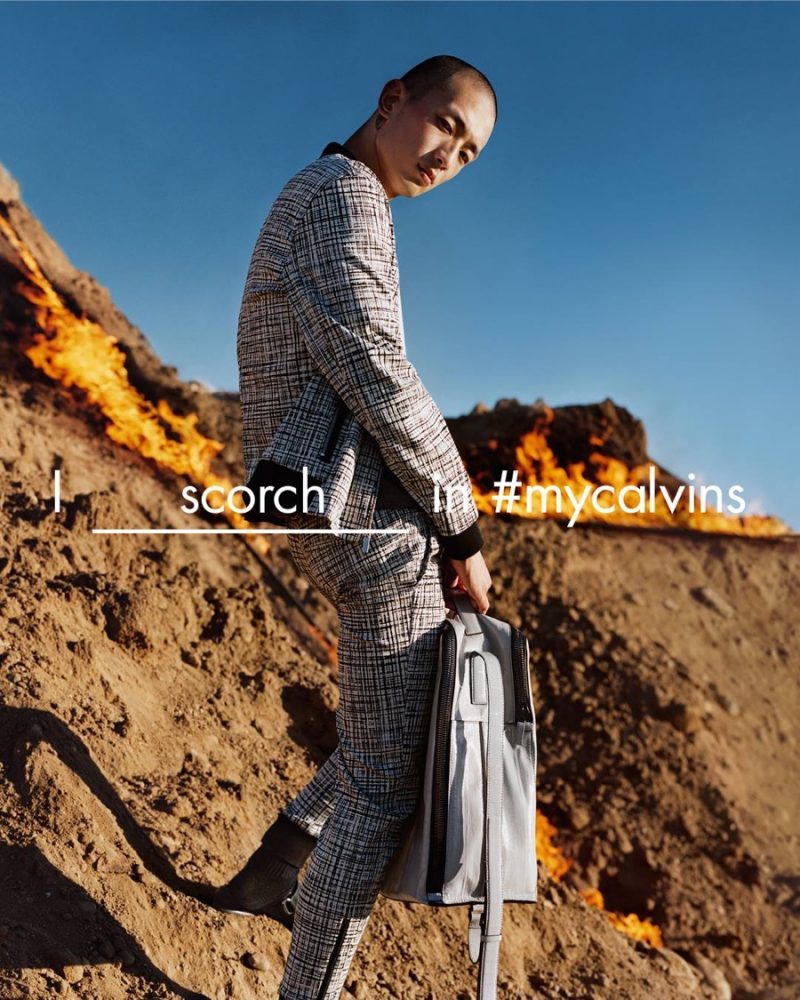 Sung Jin Park wears a graphic ensemble for Calvin Klein Platinum's spring-summer 2016 campaign.