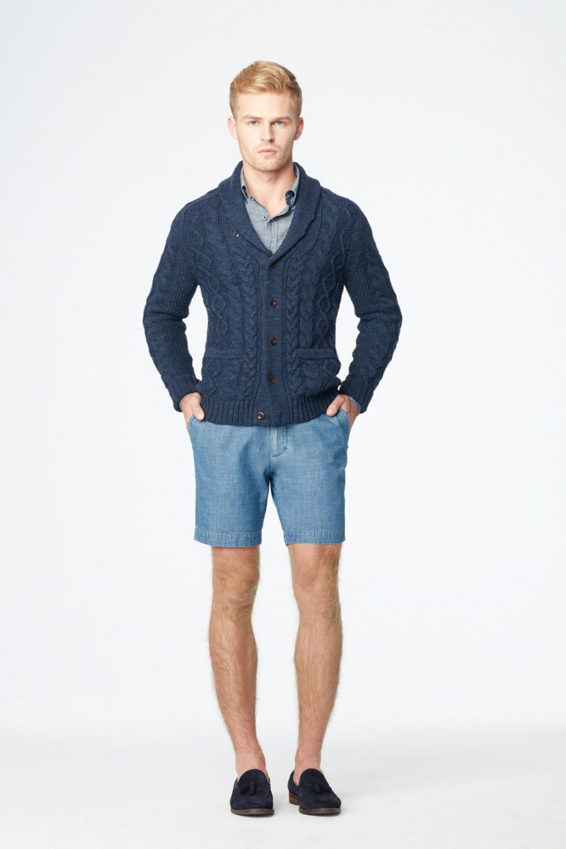Canvas by Lands' End Cableknit Shawl Neck Cardigan Sweater and Chambray Shorts