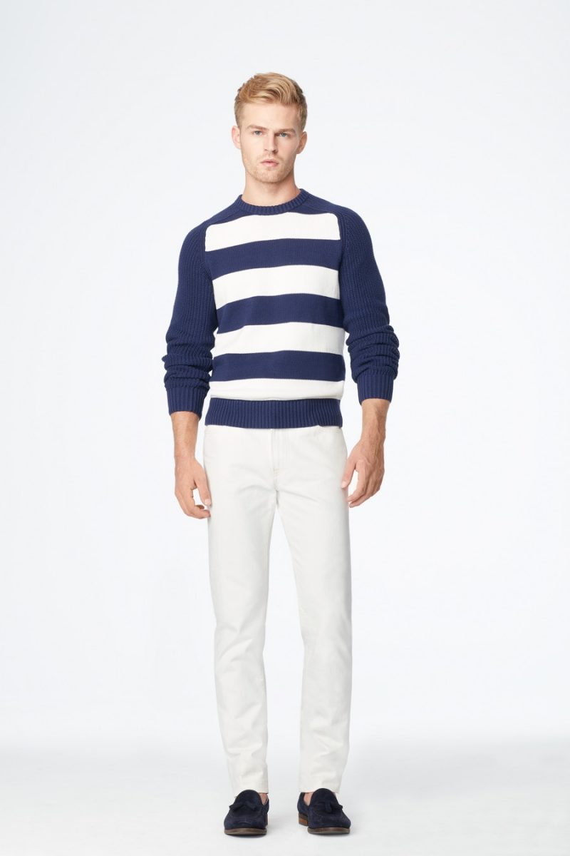 Canvas by Lands' End Rugby Stripe Crewneck Sweater and White Denim Jeans