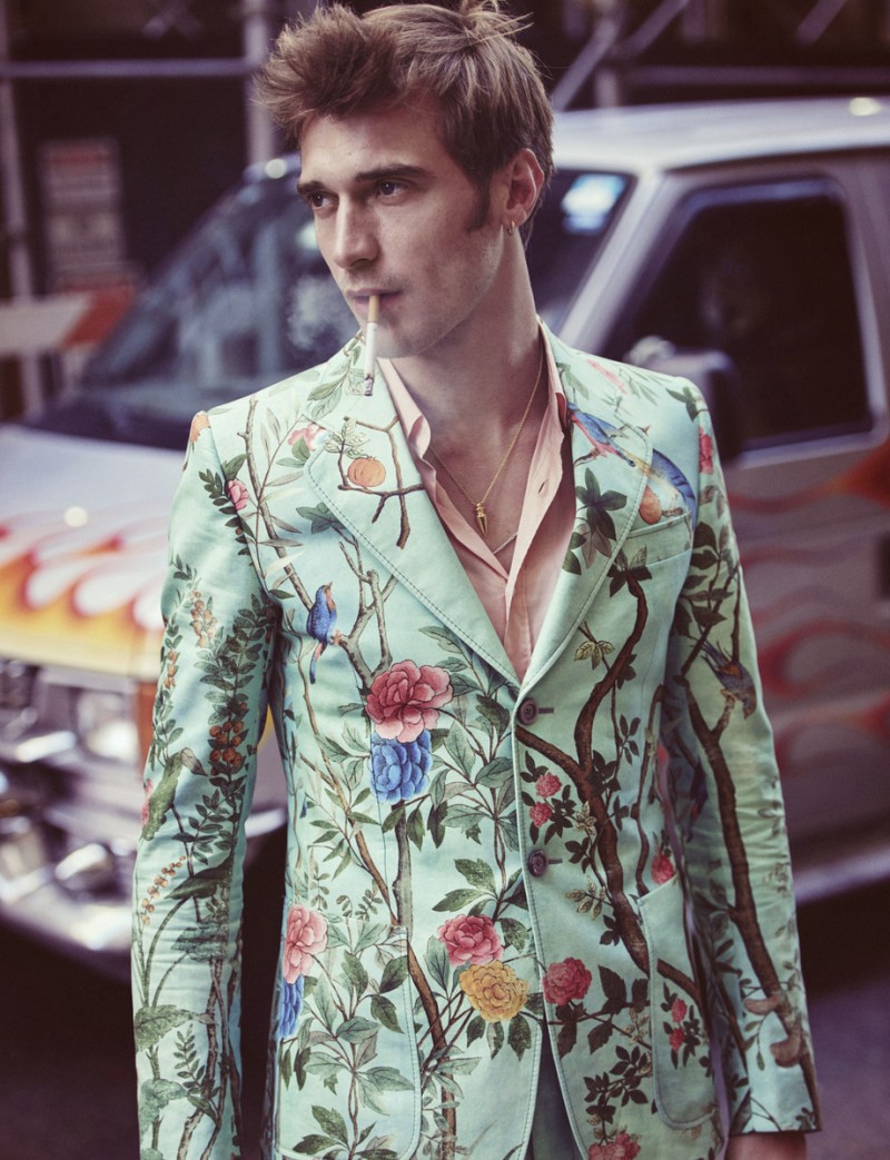 Clément Chabernaud wears a bold printed suit from Gucci.