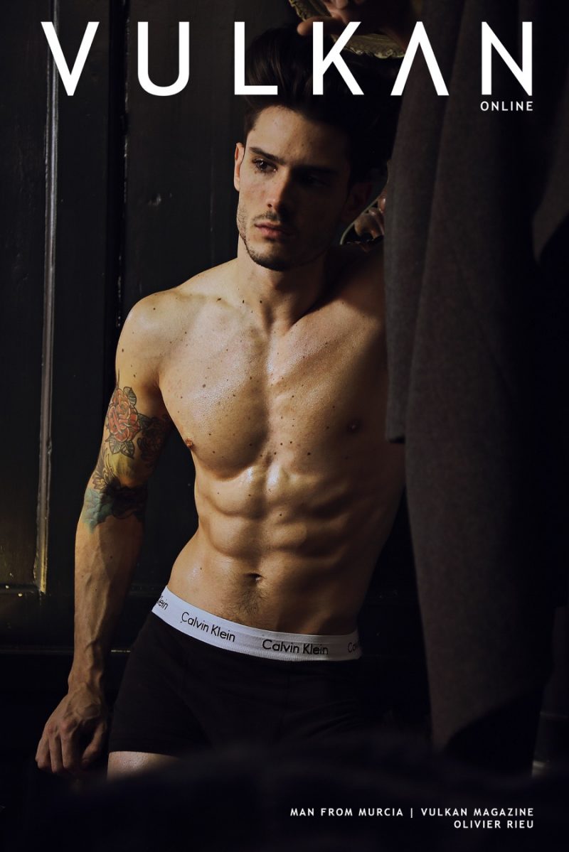 Diego Barrueco covers Vulkan magazine in black Calvin Klein underwear.