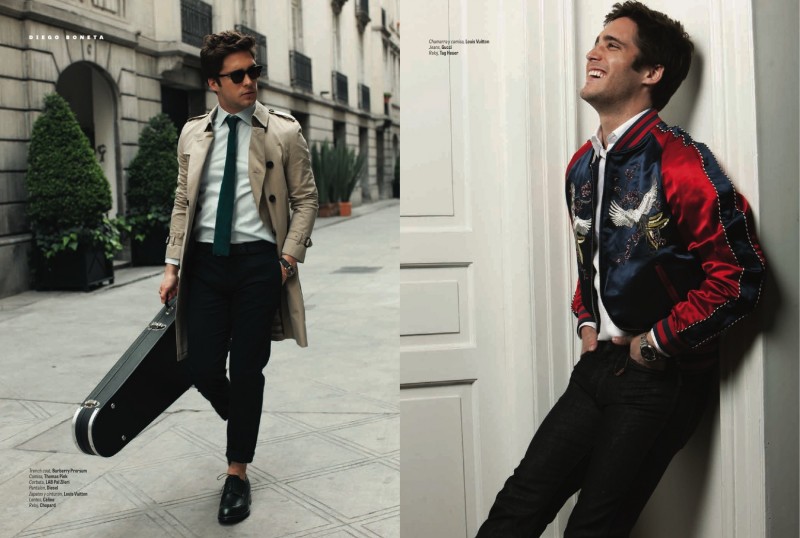 Photographed for GQ Style Mexico, Diego Boneta is a man of style. Donning an iconic Burberry trench left, Boneta takes a trend turn in a Louis Vuitton souvenir jacket (right).