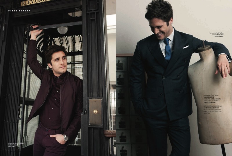 Pictured left, Diego Boneta embraces a monochromatic ensemble, featuring Hackett jeans with a shirt and jacket from Pal Zileri. Right, Boneta dons a double-breasted suit from Louis Vuitton.