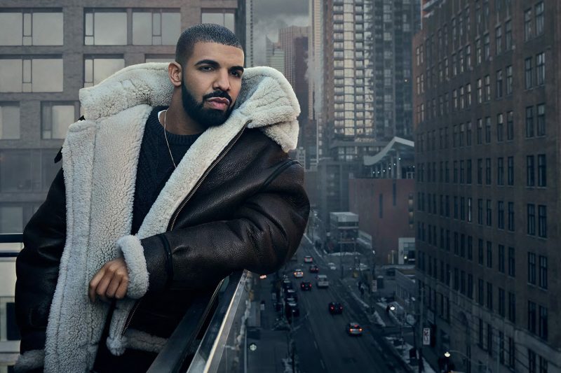 Drake pictured in a shearling leather bomber for his VIEWS digital artwork.