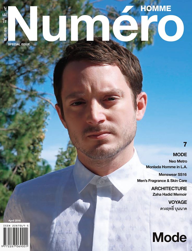 Elijah Wood covers the most recent issue of Numéro Homme Thailand in a white shirt from Monlada Homme.