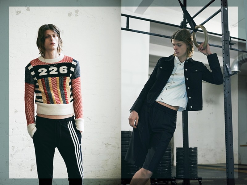 Pictured left, Elvis Jankus goes sporty in a Topman sweater with Y-3 trousers. Right, Elvis wears black denim jacket Helmut Lang, white jacket BLK DNM and shorts Acne Studios.