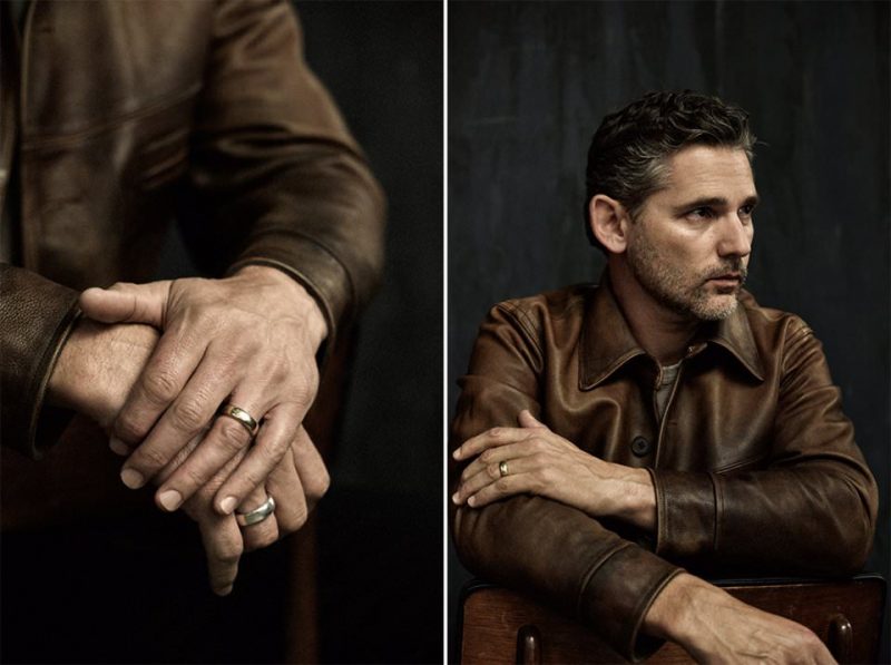 Eric Bana wears leather jacket RRL and jersey t-shirt James Perse.