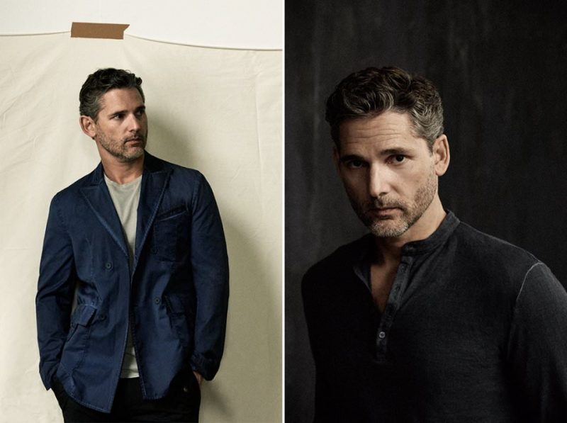 Left to Right: Eric Bana wears double-breasted blazer Bottega Veneta and cotton-jersey t-shirt Alex Mill. Bana wears henley Massimo Alba.