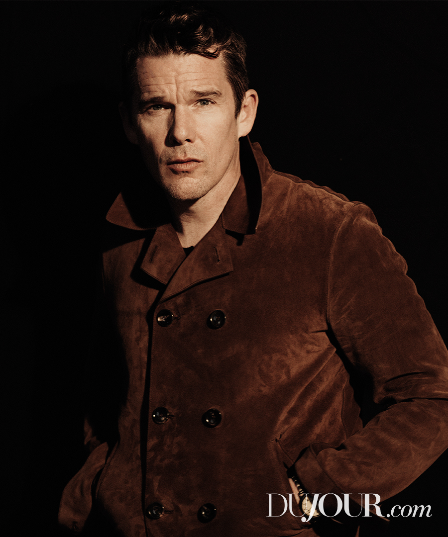 Ethan Hawke pictured in a double-breasted suede jacket from Bally.