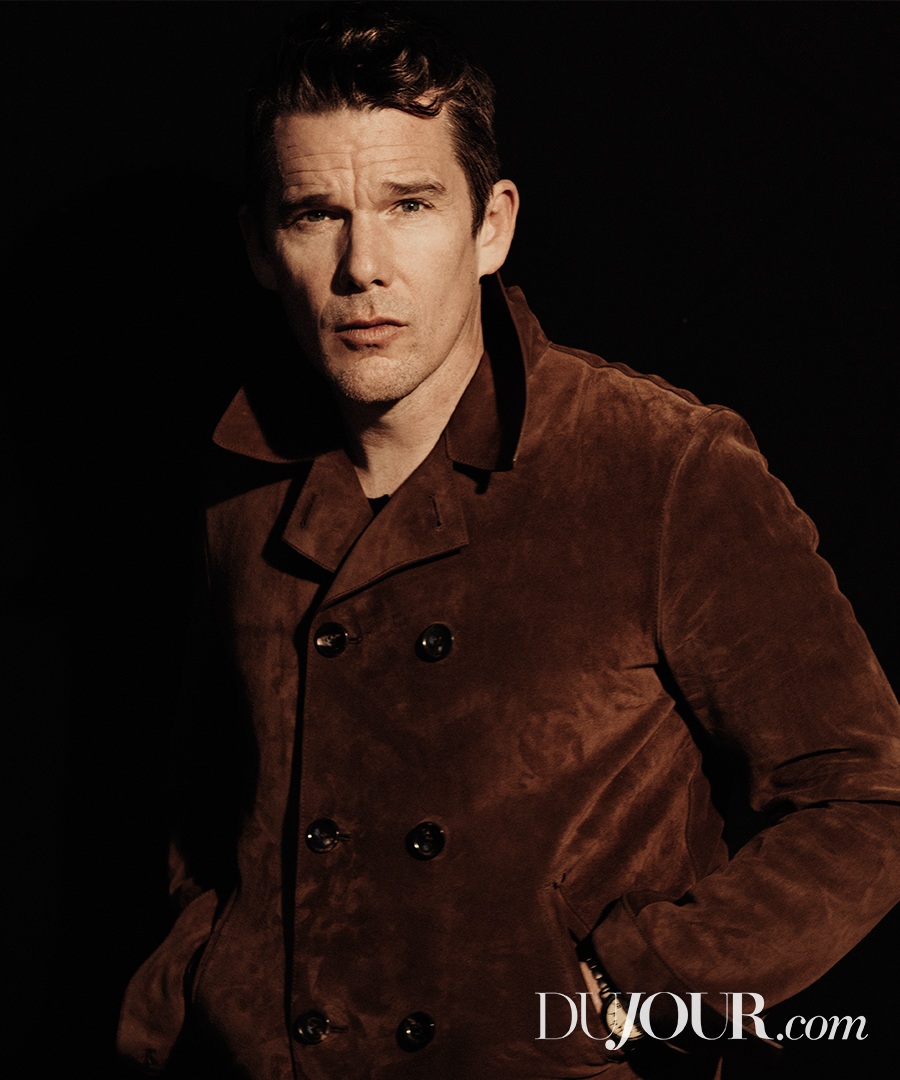 Ethan Hawke pictured in a double-breasted suede jacket from Bally. » Ethan Hawke Poses for DuJour, Talks 'Born to Be Blue' Ethan Hawke pictured in a double-breasted suede jacket from Bally.