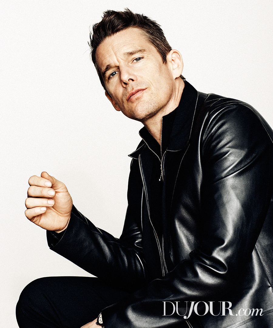 Ethan Hawke wears a leather coat from Jeffrey Rudes with a Prada shirt and sweater.