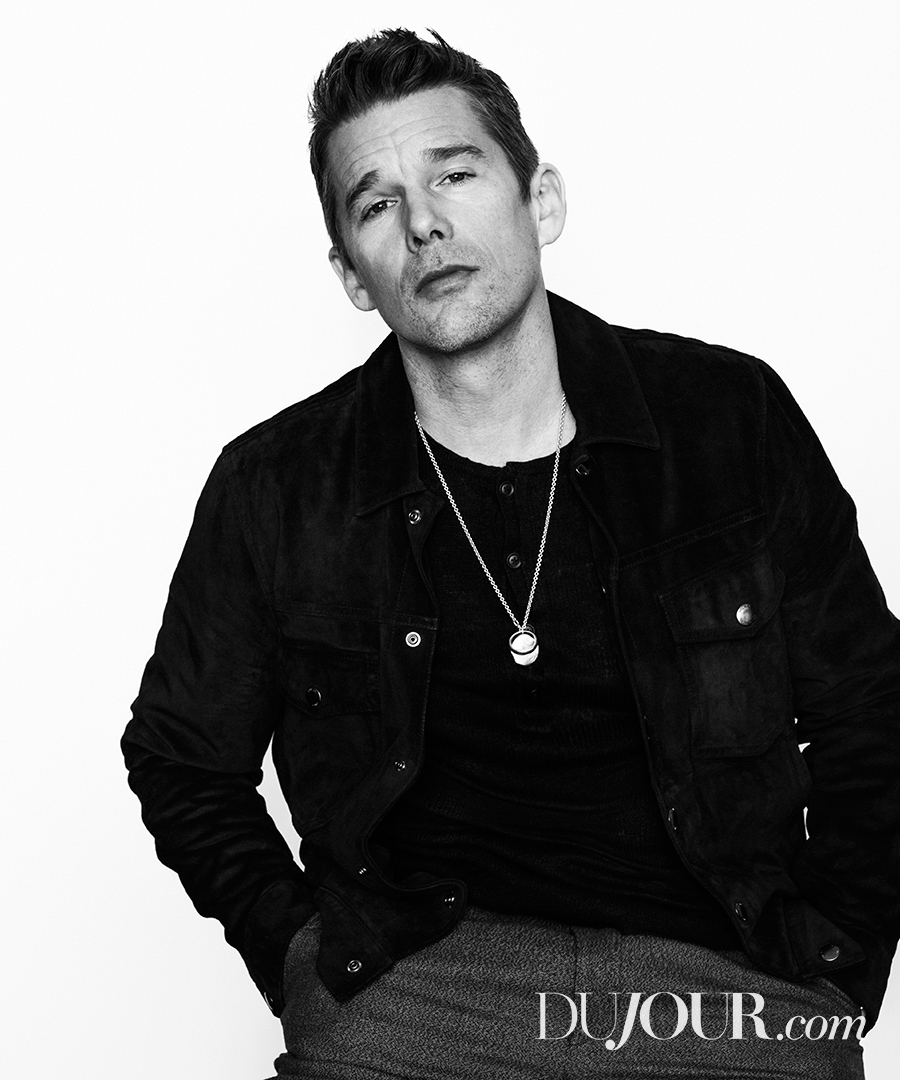 Ethan Hawke sports a fatigue jacket from Todd Snyder with a John Varvatos henley sweater and Canali trousers.