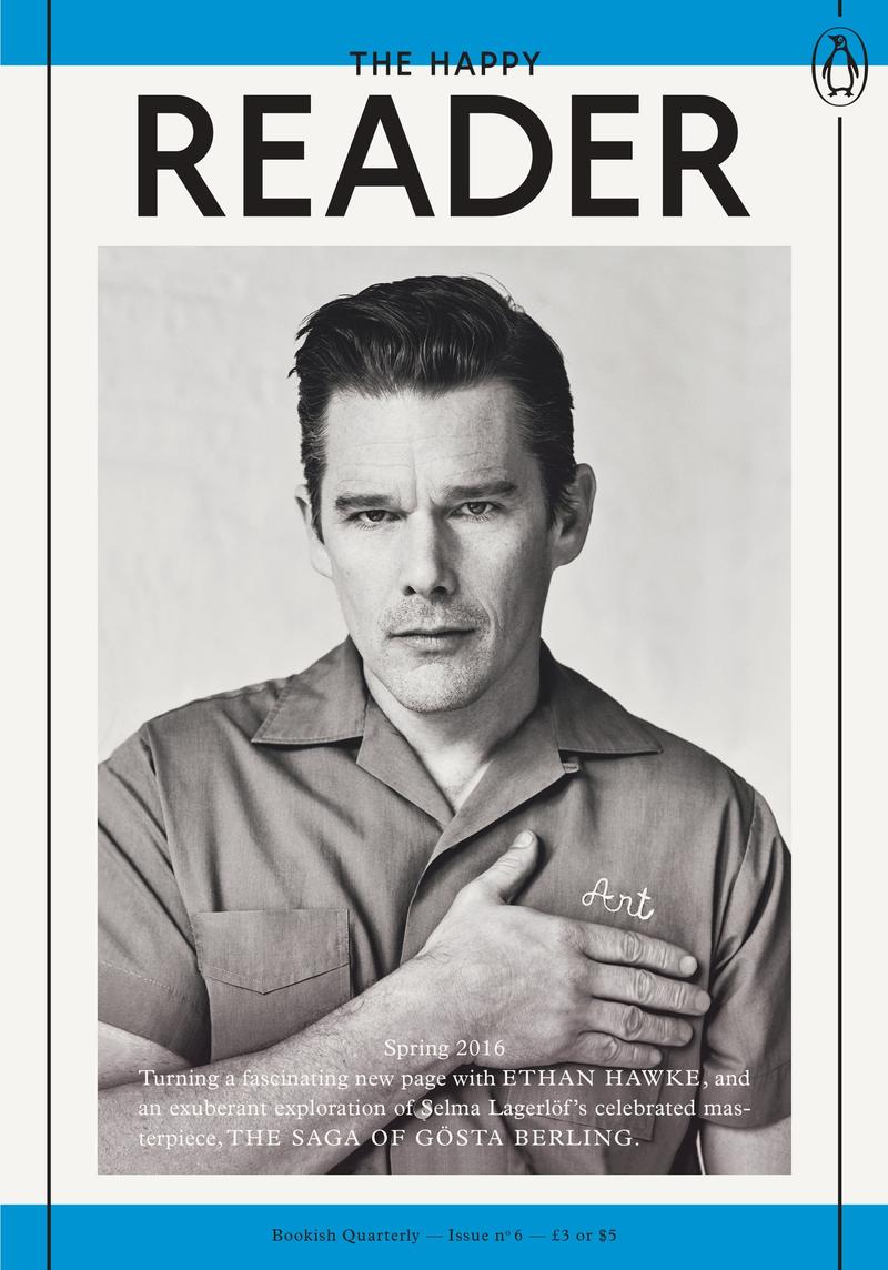 Ethan Hawke sports a camp shirt for the most recent cover of The Happy Reader.