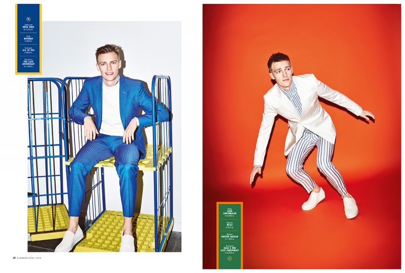 Left: Victor Nylander charms in a blue suit from Hugo Boss. Right:  Victor has a striped moment in SAND, NN.07 and Bruuns Bazaar.