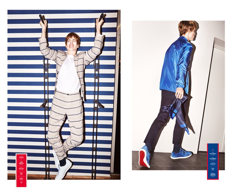 Left: Sylvester Ulv wears a striped suit from Soulland. Right: Sylvester goes sporty in a jacket from Acne Studios.