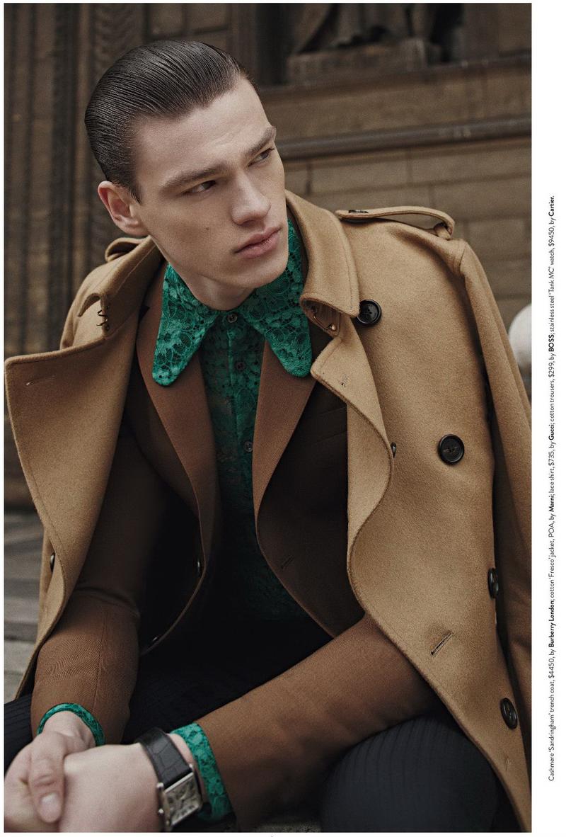 Gucci's lace shirt makes a stark contrast against a Burberry London trench coat and Marni jacket.