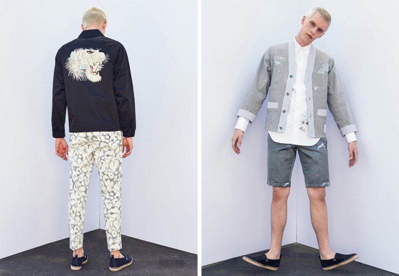 Left to Right: August wears embroidered jacket Marc Jacobs, leopard strip trousers Neil Barrett and espadrilles Loewe. August wears all clothes Thom Browne and espadrilles Loewe.