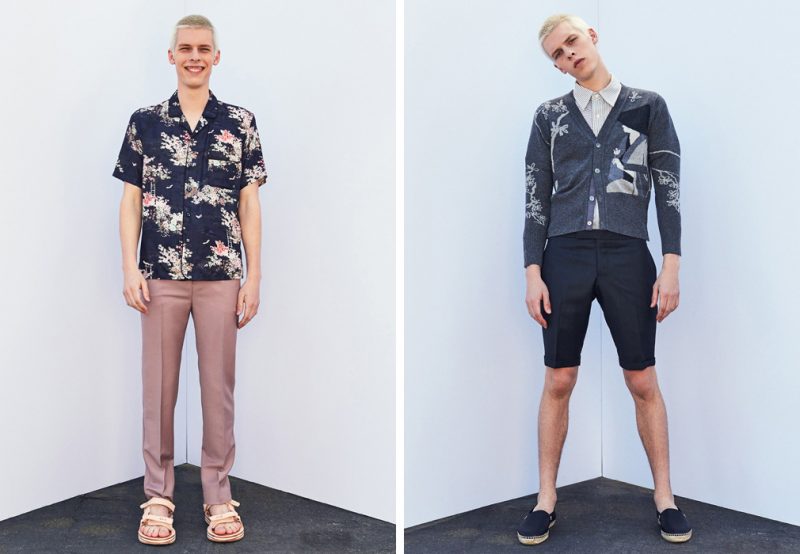 Left to Right: August wears shirt Marc Jacobs, pleated trousers Acne Studios and sandals Sacai. August wears all clothes Thom Browne and espadrilles Loewe.