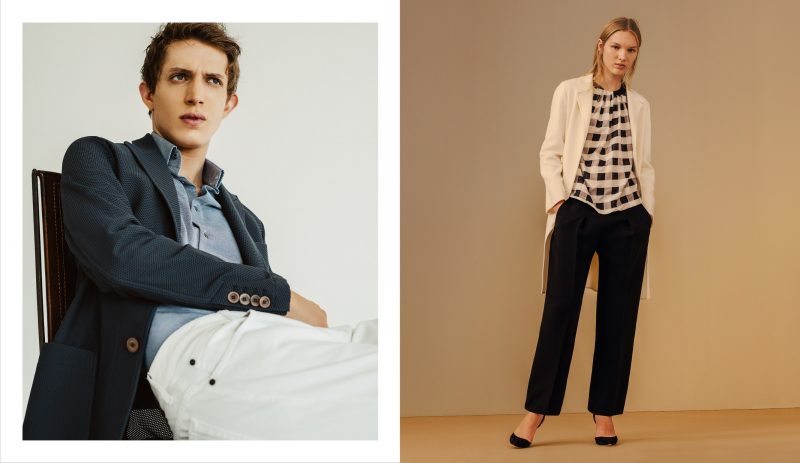 Xavier Buestel dons a tech-mesh two-button sportcoat, stretch-weave shirt and white denim jeans from Giorgio Armani.