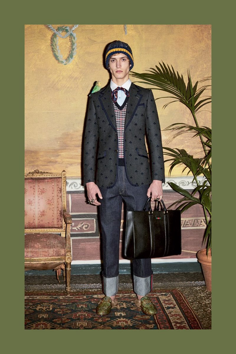Gucci brings character to all its separates with details such as cuffed denim jeans, all-over print blazers and more.