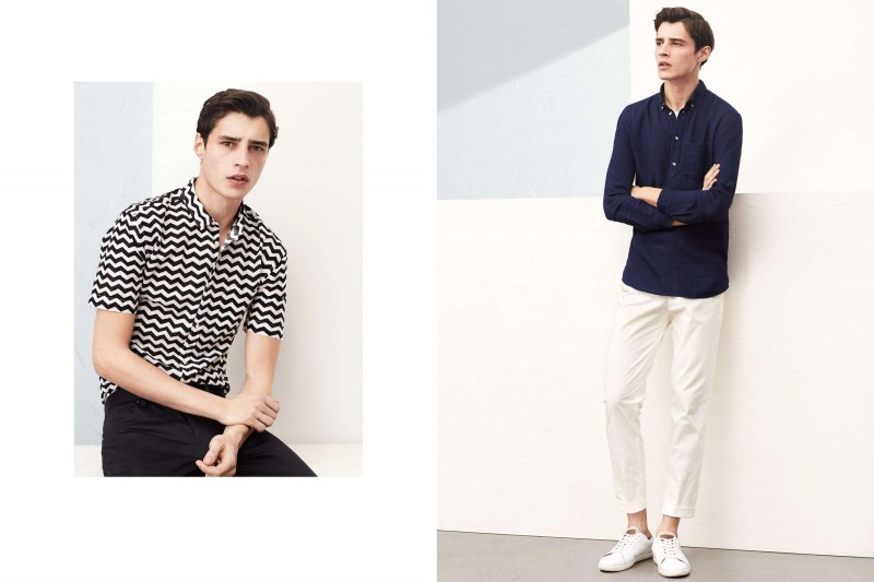 Left: Adrien Sahores models a zig-zag short-sleeve cotton shirt with trousers. Right: Adrien is pictured in a pullover shirt with slim-fit chinos from H&M.