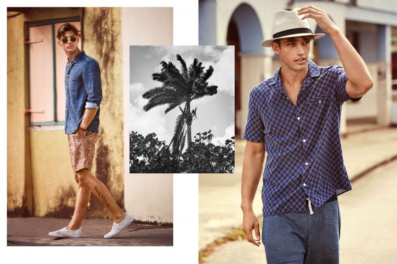 Left to Right: H&M Men Melange Shirt, Cotton Print Shorts, Slip-On Shoes. Short-Sleeve Shirt, Straw Hat and Sweatshorts. 