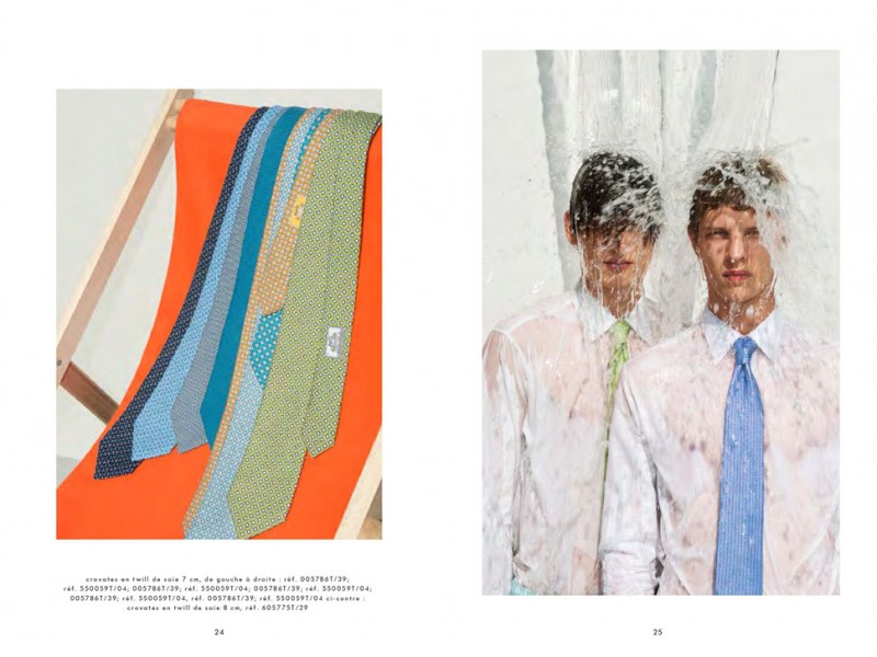 Models Jegor Venned and Tim Schuhmacher stand under a downpour in the name of Hermès' stylish ties.