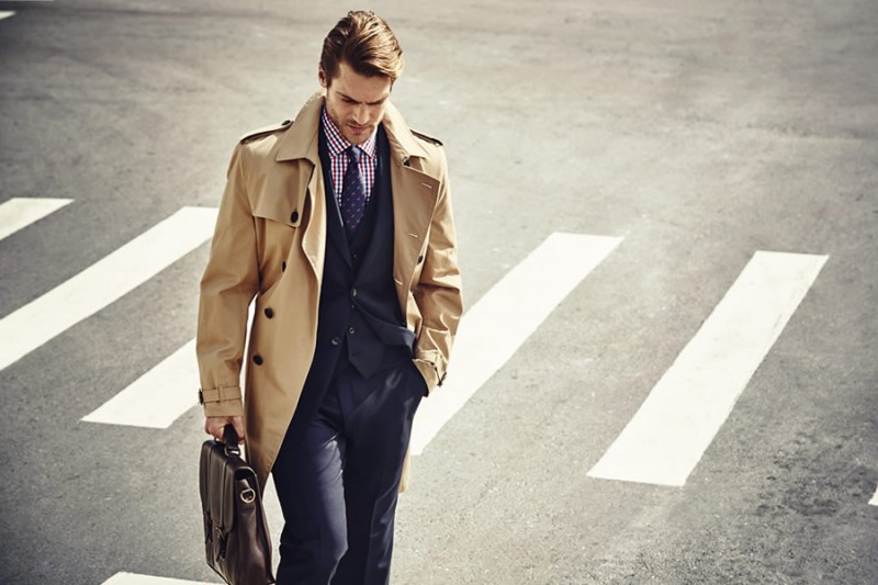 Jason Morgan hits the city streets in a timeless double-breasted Mac coat from Howick Tailored.