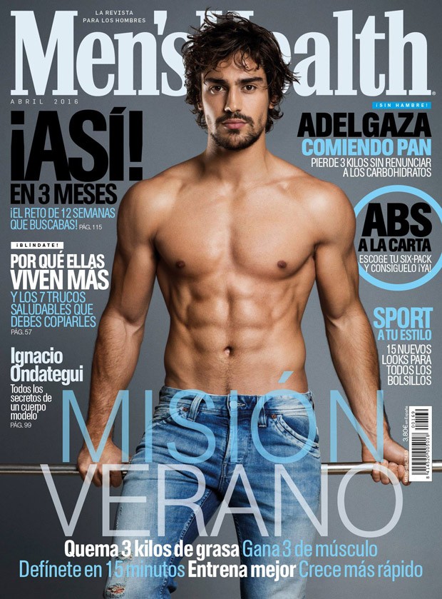 Ignacio Ondategui covers the April 2016 issue of Men's Health Spain in a pair of distressed denim jeans.
