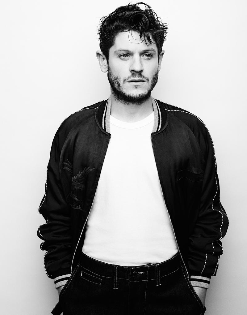 Iwan Rheon styled by Kelly-Ann Hughes in a Blue Blue Japan bomber jacket with a Sunspel t-shirt and E.Tautz jeans.