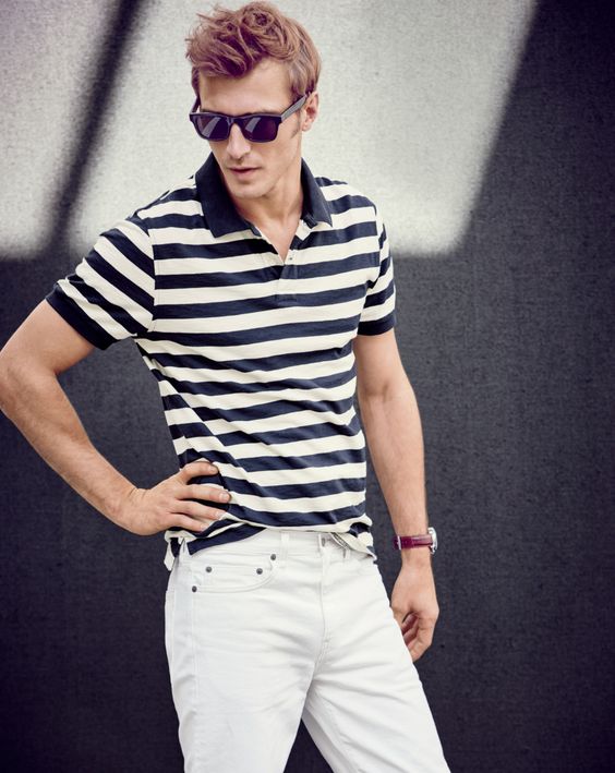 J.Crew stands by classic style with a striped polo shirt and white denim jeans.