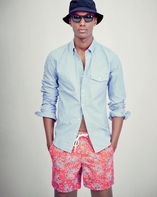 J.Crew perfects summer leisure with a smart button-down and paisley print swim shorts.