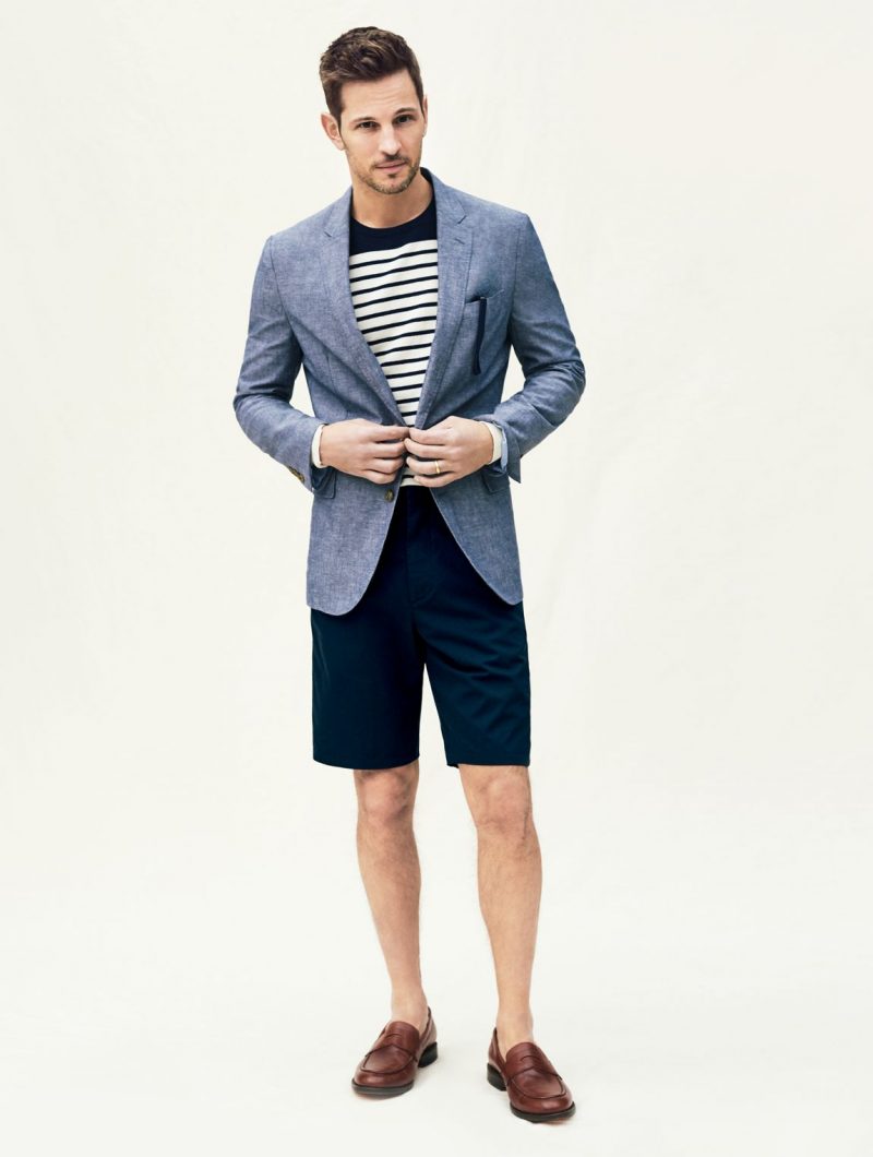Kelly Rippy embraces smart summer style, pairing a sportcoat and striped top with J.Crew's Club shorts. The style is modeled after tailored Bermuda shorts and features a hook and bar closure waist. The Club shorts come in 10.5", 9" and 7" inseams.