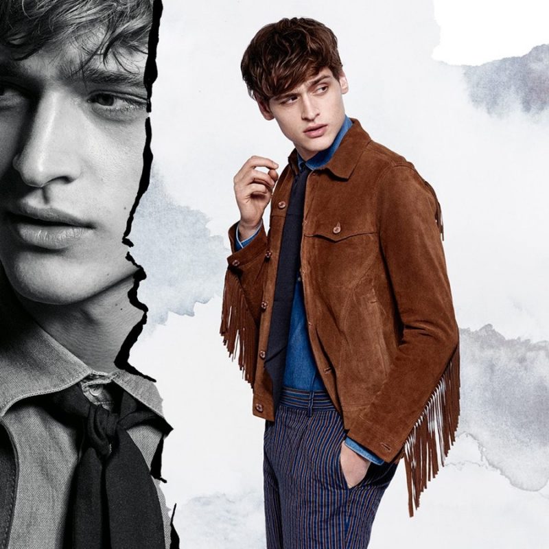 Matthijs Meel models a suede fringe jacket for J.Lindeberg’s spring-summer 2016 campaign.