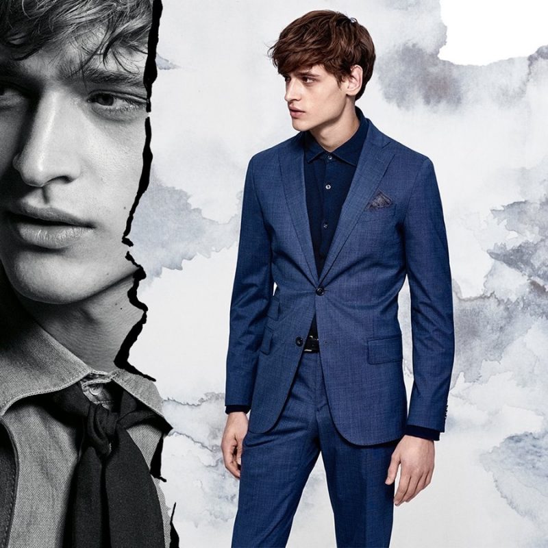 Matthijs Meel dons blue suiting with a black shirt for J.Lindeberg's spring-summer 2016 campaign.