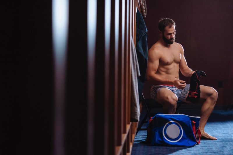 Jake Arrieta hits the locker room in striped SAXX underwear.