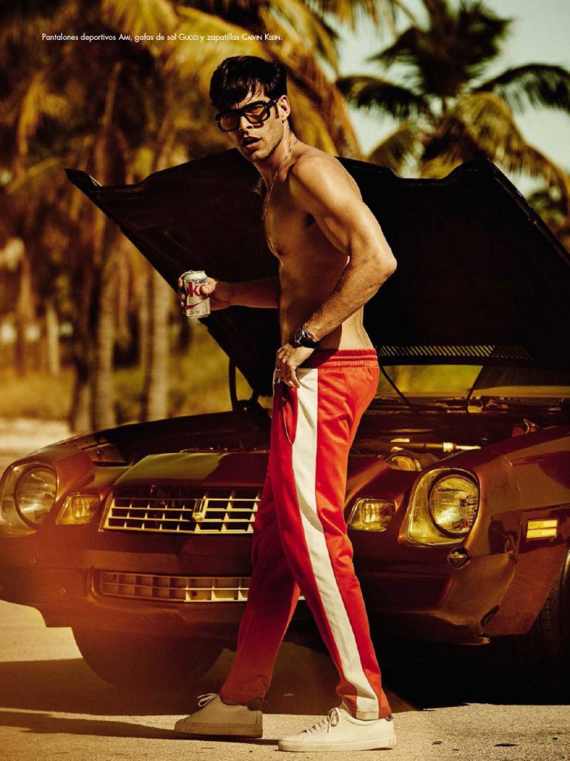 Jon Kortajarena pictured in Ami pants with Gucci sunglasses and Calvin Klein sneakers.